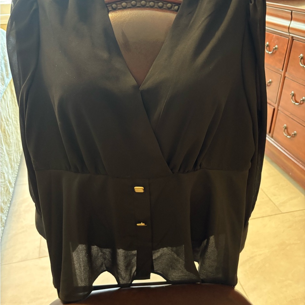 SHEIN Black V-Neck Gathered-Waist Blouse with Gold Button Accents